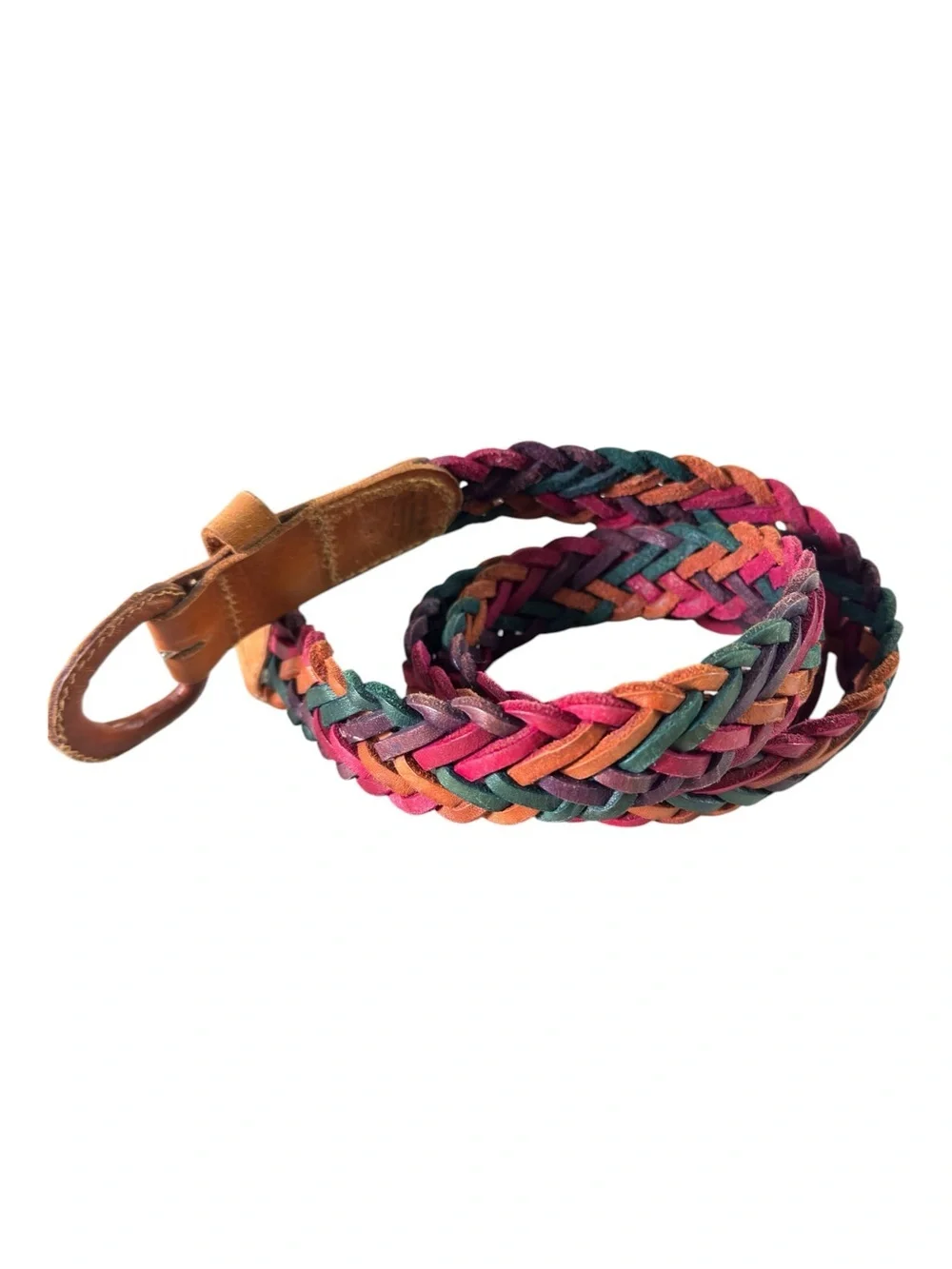 Handmade Guatemala Genuine Leather Braided Multicolor Belt Boho Western 43”